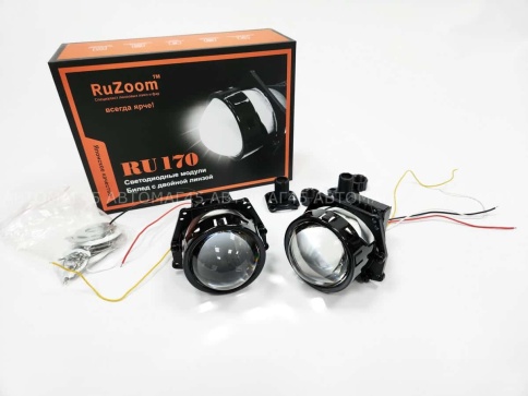 Ruzoom RU170 светодиодные Би-Led линзы 3.0" 12V 55/65W 6000K 4400Lm 1 чип 2шт гарантия 12 месяцев    фото 1