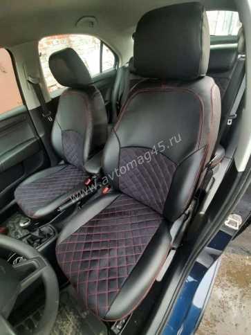 Авточехлы  Skoda Rapid с 2012г 2/3 Volkswagen Polo л/б с 2020г экокожа алькантара черная крас.н ромб фото 4