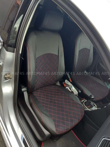 Авточехлы  Volkswagen Polo Поло седан 2/3 2010-2020г экокожа алькантара черная нить красная Ромб    фото 5