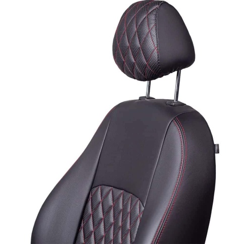 Авточехлы  Nissan Juke Ниссан Жук 2011-2020г экокожа черная красная нить ромб    фото 6