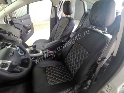 Авточехлы  Ford Focus 3 Форд Фокус 3 Trend экокожа черная серая нить ромб    фото 2