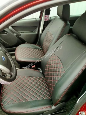 Авточехлы  Datsun Датсун 1/1 2/3 экокожа черная красная нить ромб    фото 3