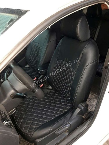 Авточехлы  Volkswagen Polo Фольцваген Поло седан 2/3 2010-2020г экокожа черная нить серая Ромб    фото 3