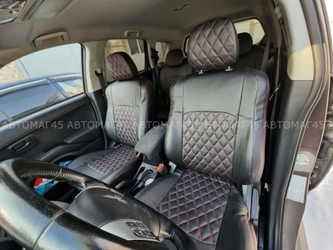 Авточехлы  Mitsubishi Outlander Мицубиси Аутлендер XL 2006-2012г экокожа черная красная нить ромб    фото 16