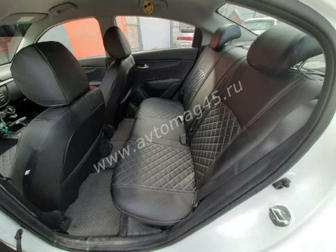 Авточехлы  Kia Rio с 2017г Rio X-Line с 2017г Hyundai Solaris c 2017г экокожа черная красн.нить ромб фото 9