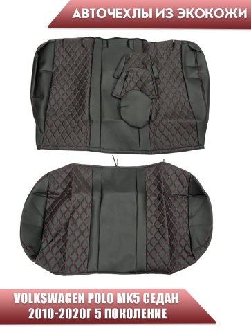 Авточехлы  Volkswagen Polo Фольцваген Поло седан 1/1 2010-2020г экокожа черная нить красн ромб Барс фото 2