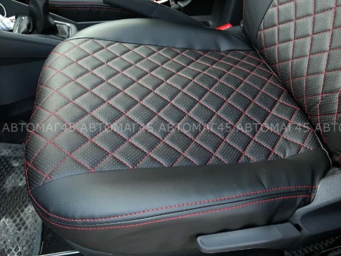 Авточехлы  Skoda Rapid Шкода Рапид 2012-2023г 1/1 экокожа черная красная нить ромб    фото 3