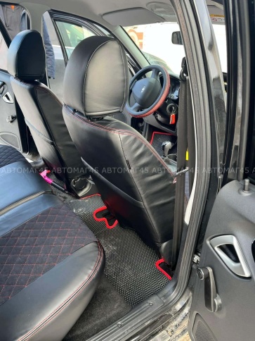 Авточехлы  Лада Granta Гранта  1/1 с 08.2018г экокожа алькантара черная с красной ниткой ромб фото 3