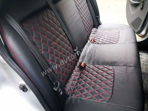 Авточехлы  Nissan Almera Ниссан Альмера 2013-2019г 2/3 экокожа черная красная нить ромб    фото 12