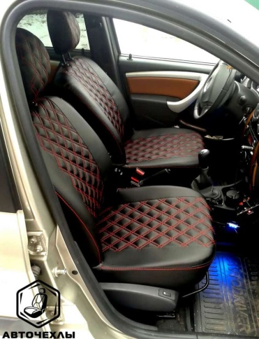 Авточехлы  Lada Largus Ларгус Largus Cross 5 местный 2/3 2012-2021г экокожа черная нить красная ромб фото 2
