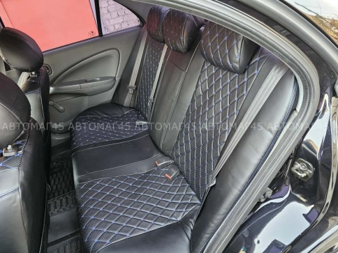 Авточехлы  Nissan Almera classic Ниссан Альмера классик 2006-2013г экокожа черный ромб синяя нить    фото 5