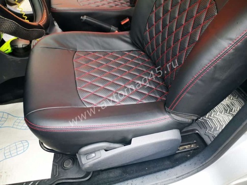 Авточехлы  Nissan Almera Ниссан Альмера 2013-2019г 2/3 экокожа черная красная нить ромб    фото 8