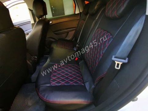 Авточехлы  Renault Arkana Рено Аркана 2018-2022г экокожа черная красная нить ромб    фото 3