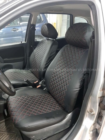 Авточехлы  Лада Kalina Калина Калина2 экокожа черная с красной ниткой ромб Барс    фото 2