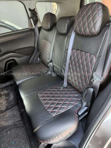 Авточехлы  Mitsubishi Outlander Мицубиси Аутлендер XL 2006-2012г экокожа черная красная нить ромб    фото 12
