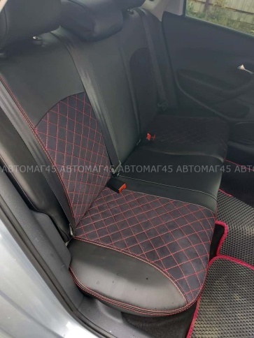 Авточехлы  Volkswagen Polo Поло седан 2/3 2010-2020г экокожа алькантара черная нить красная Ромб    фото 3