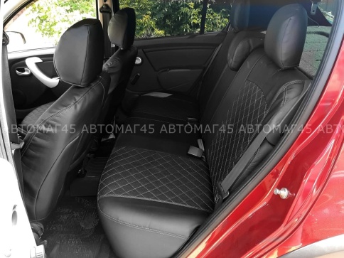Авточехлы  Renault Logan Рено Логан 2004-2016г экокожа черная серая нить ромб    фото 6