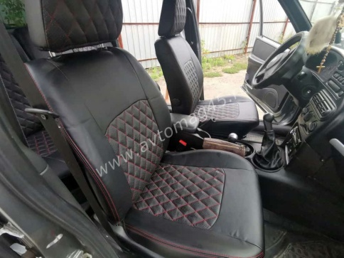 Авточехлы  Нива Шевроле Niva 2014-2020г Нива Travel с 2020г экокожа черная с красной ниткой ромб фото 5