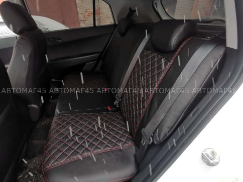 Авточехлы  Hyundai Creta 1 Хендай Крета 1 2015-2021г экокожа черная красная нить ромб    фото 3
