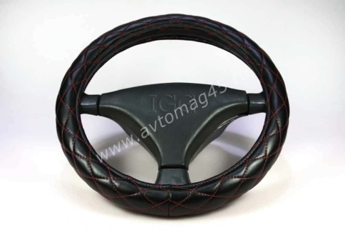 IGG  719 оплетка руля экокожа черный стеганый с красной отстрочкой    фото 1