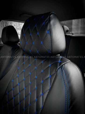 Авточехлы  Lada Vesta Лада Веста седан SW SW Cross экокожа черный ромб синяя нить Офис    фото 3