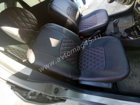 Авточехлы  Nissan Almera Ниссан Альмера 2013-2019г 2/3 экокожа черная красная нить ромб    фото 4