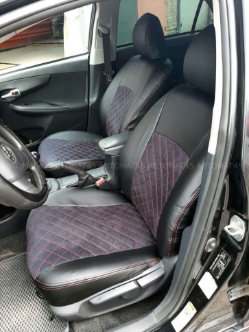 Авточехлы  Toyota Corolla Тойота Королла 2007-2013г кузов 150 экокожа алькант черная крас.нить ромб фото 1