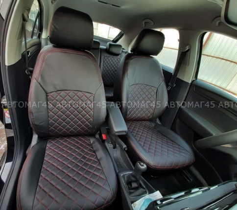 Авточехлы  Skoda Rapid Шкода Рапид 2012-2023г 1/1 экокожа черная красная нить ромб    фото 5