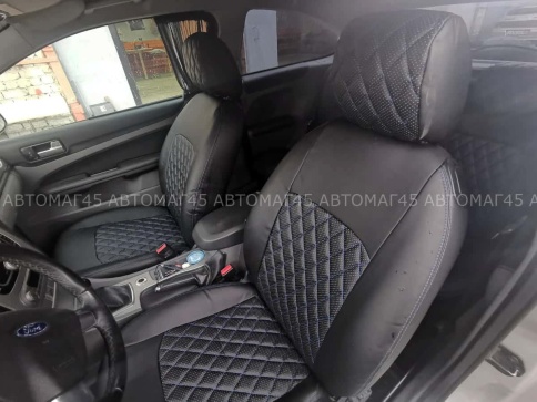 Авточехлы  Ford Focus 2 Форд Фокус 2 экокожа черная красная нить ромб    фото 5
