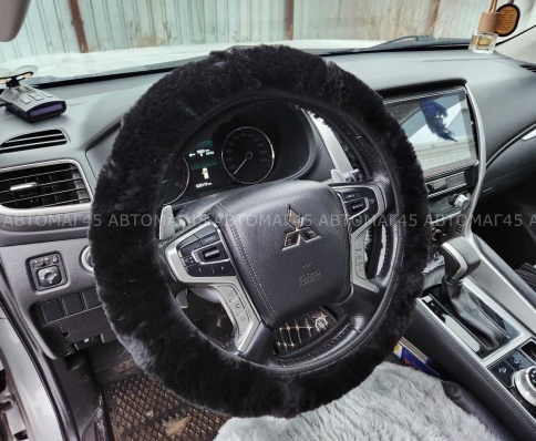 Оплетка  руля натуральный мех на коже короткий ворс мутон черный    фото 9