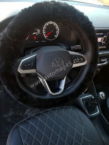 Оплетка  руля натуральный мех на коже короткий ворс мутон черный    фото 3