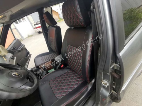 Авточехлы  Нива Шевроле Niva 2014-2020г Нива Travel с 2020г экокожа черная с красной ниткой ромб фото 2