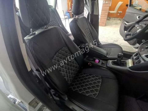Авточехлы  Ford Focus 3 Форд Фокус 3 Trend экокожа черная серая нить ромб    фото 1