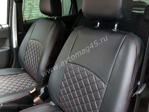 Авточехлы  Datsun Датсун 1/1 2/3 экокожа черная красная нить ромб    фото 6