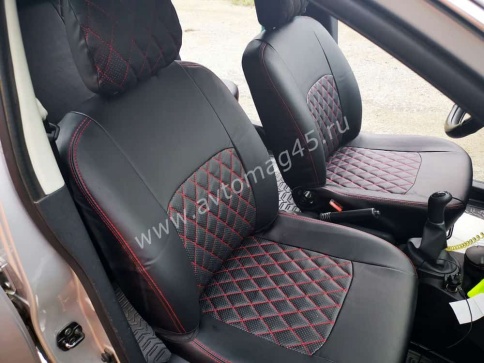 Авточехлы  Nissan Almera Ниссан Альмера 2013-2019г 2/3 экокожа черная красная нить ромб    фото 6