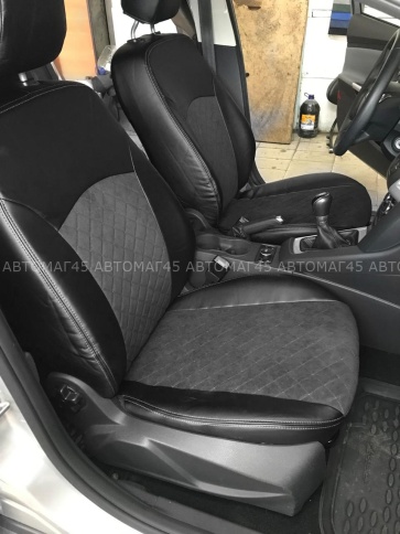 Авточехлы  Ford Focus 3 Форд Фокус 3 Trend экокожа алькантара черная серая нить ромб   фото 2