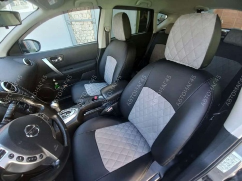 Авточехлы  Nissan Qashqai Ниссан Кашкай J10 2007-2014г экокожа алькантара черная серая нить ромб    фото 1