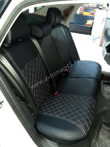 Авточехлы  Volkswagen Polo Фольцваген Поло седан 1/1 2010-2020г экокожа черная синяя нить Ромб    фото 3