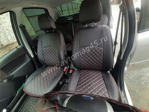 Авточехлы  Datsun Датсун 1/1 2/3 экокожа черная красная нить ромб    фото 4