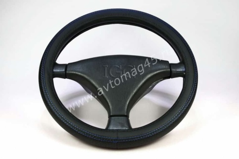 IGG  405 оплетка руля экокожа черный черный с синей отстрочкой    фото 1