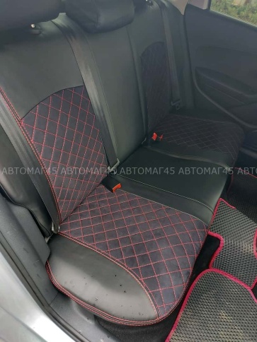 Авточехлы  Volkswagen Polo Поло седан 2/3 2010-2020г экокожа алькантара черная нить красная Ромб    фото 2