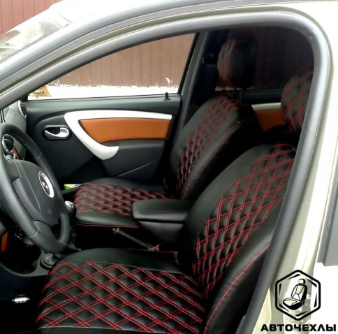 Авточехлы  Lada Largus Ларгус Largus Cross 5 местный 2/3 2012-2021г экокожа черная нить красная ромб фото 3