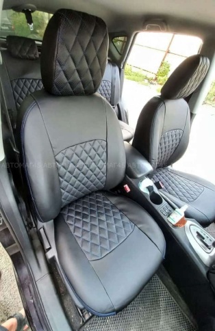 Авточехлы  Nissan Qashqai Ниссан Кашкай J10 2007-2014г экокожа черная синяя нить ромб    фото 2