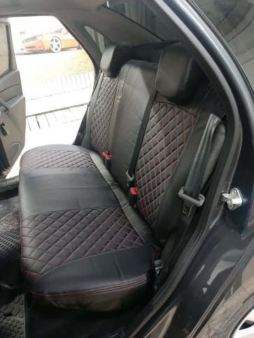 Авточехлы  Лада Granta Гранта до 08.2018г 1/1 2/3 экокожа черная с красной ниткой ромб    фото 3