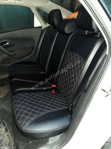 Авточехлы  Volkswagen Polo Фольцваген Поло седан 2/3 2010-2020г экокожа черная нить серая Ромб    фото 7