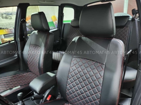 Авточехлы  Нива Шевроле Niva 2014-2020г Нива Travel с 2020г экокожа черная с красной ниткой ромб фото 13