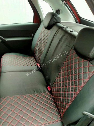 Авточехлы  Datsun Датсун 1/1 2/3 экокожа черная красная нить ромб    фото 2