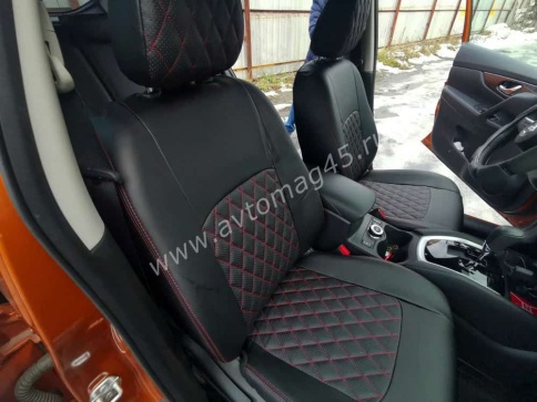 Авточехлы  Nissan X-Trail Ниссан Х-Трейл 2007-2014г кузов T31 экокожа черная красная нить ромб    фото 6
