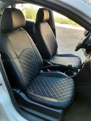 Авточехлы  Volkswagen Polo Фольцваген Поло седан 1/1 2010-2020г экокожа черная синяя нить Ромб    фото 14