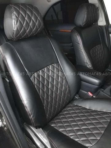 Авточехлы  Toyota Avensis Тойота Авенсис 2 поколение 2002-2009г экокожа черная серая нить ромб    фото 1